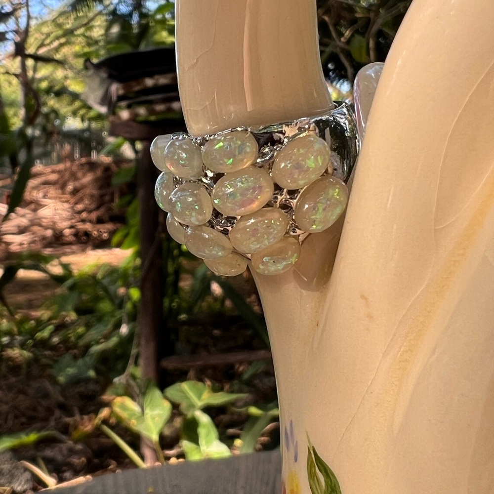 Unique Vintage Iridescent Simulated Opal Ring Size 6 3/4